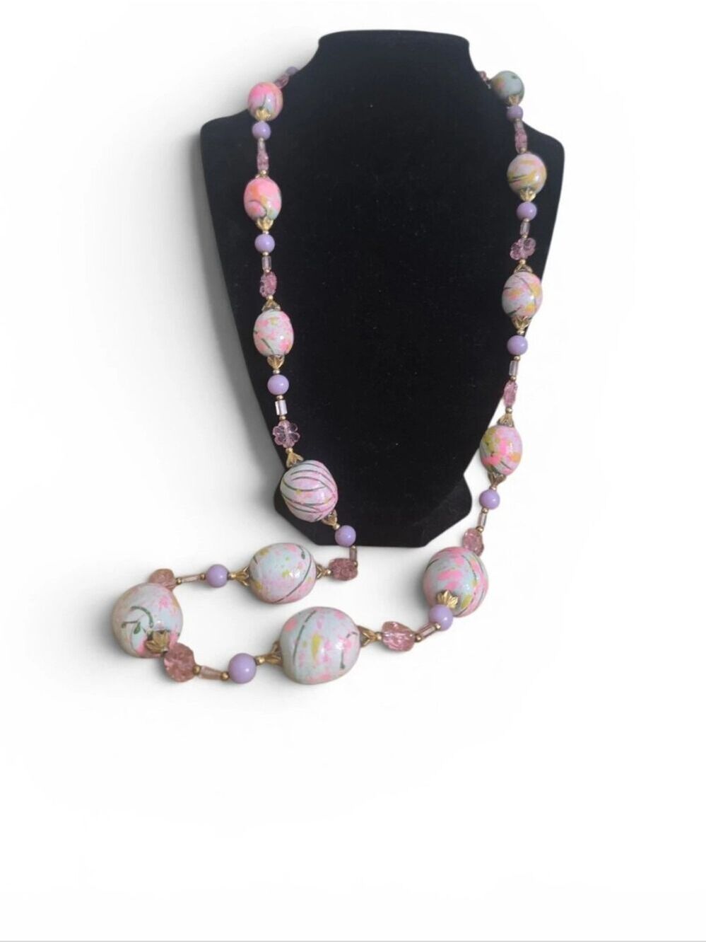 Vintage Alice Caviness Hand-Painted Glass Bead Necklace Signed 17”